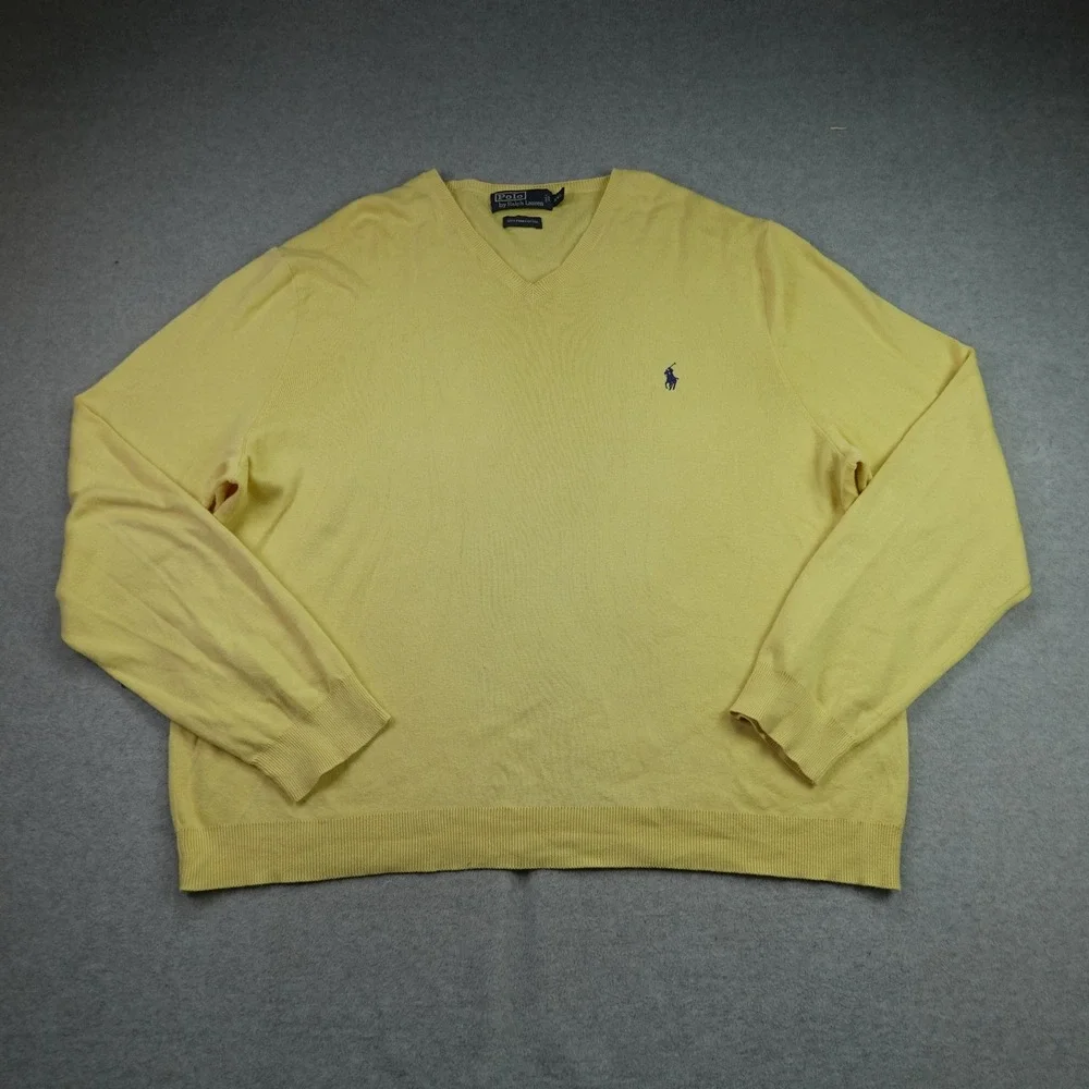 Polo Ralph Lauren Sweater Mens XXL Yellow V-Neck Classic Pima Cotton Pullover